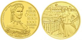 Gold der Habsburger Erblande und Österreichs, Österreich, 2. Republik, seit 1945
1000 ÖS 1998, Kaiserin Elisabeth. 16 g. Feingold. In Originalschatul...