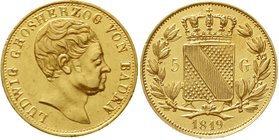 Altdeutsche Goldmünzen und -medaillen
Baden-Durlach
Ludwig, 1818-1830
5 Gulden 1819. Ohne PH unter Kopf und kein Punkt hinter Baden. 3,40 g.
vorzü...