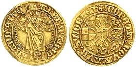 Altdeutsche Goldmünzen und -medaillen
Brandenburg-Franken
Albrecht Achilles 1464-1486
Goldgulden o.J. Schwabach. 3,23 g.
sehr schön