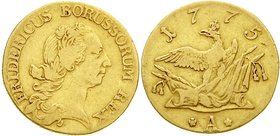 Altdeutsche Goldmünzen und -medaillen
Brandenburg-Preußen
Friedrich II., 1740-1786
Friedrichs d`or 1775 A, Berlin. 6,51 g
fast sehr schön, selten...