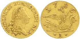Altdeutsche Goldmünzen und -medaillen
Brandenburg-Preußen
Friedrich II., 1740-1786
Friedrichs d'or 1786 A, Berlin. 6,63 g.
gutes sehr schön, selte...