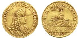 Altdeutsche Goldmünzen und -medaillen
Braunschweig-Wolfenbüttel
Rudolf August, 1666-1685
Dukat 1680, Zellerfeld. Brustb n. r./Galeere n.r., darüber...