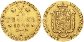 Altdeutsche Goldmünzen und -medaillen
Braunschweig-Wolfenbüttel
Karl, 1815-1830
10 Taler 1822 C.v.C., Braunschweig. 13,24 g. Einzeltyp.
sehr schön...