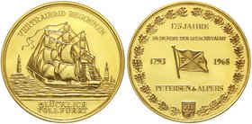 Altdeutsche Goldmünzen und -medaillen
Hamburg-Stadt
Goldmedaille 1968, auf das 175-jährige Bestehen der Reederei Petersen & Alpers. 40 mm; 28,03 g. ...