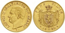 Altdeutsche Goldmünzen und -medaillen
Hessen-Darmstadt
Ludwig II., 1830-1848
5 Gulden 1840. 3,35 g.
sehr schön/vorzüglich, winz. Randfehler