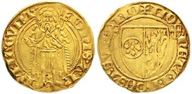Altdeutsche Goldmünzen und -medaillen
Mainz-Erzbistum
Johann II. von Nassau, 1397-1419
Goldgulden o.J.(1414/1417) Hoechst, mit den Wappen von Köln ...