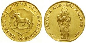 Altdeutsche Goldmünzen und -medaillen
Mainz-Ritterstift St. Alban
Goldgulden 1780. Stiftswappen mit dem Esel/stehender St. Alban mit abgeschlagenem ...