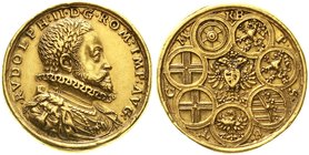 Altdeutsche Goldmünzen und -medaillen
Regensburg
Stadt
Goldmedaille zu 5 Dukaten 1599, auf den Reichstag in Regensburg. Geharn. Brb. des Kaisers Ru...