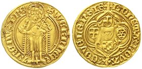 Altdeutsche Goldmünzen und -medaillen
Trier
Erzbistum, Werner von Falkenstein, 1388-1418
Goldgulden o.J. Koblenz. 3,45 g.
sehr schön, Fassungsspur...