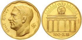 Thematische Goldmedaillen
Deutsches Reich
Drittes Reich 1933-1945
100 RM Probe (Stempelfehler PRODE) 1933, auf die Machtergreifung. Kopf Hitlers n....