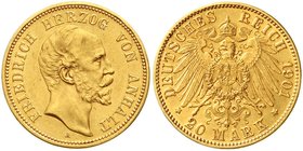 Reichsgoldmünzen
Anhalt
Friedrich I., 1871-1904
20 Mark 1901 A. prägefrisch, selten in dieser Erhaltung