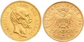 Reichsgoldmünzen
Anhalt
Friedrich I., 1871-1904
20 Mark 1901 A. vorzüglich/Stempelglanz, winz. Randfehler