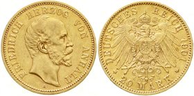 Reichsgoldmünzen
Anhalt
Friedrich I., 1871-1904
20 Mark 1901 A. vorzüglich