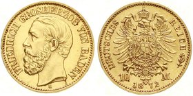 Reichsgoldmünzen
Baden
Friedrich I., 1856-1907
10 Mark 1872 G. vorzüglich/Stempelglanz, min. berieben
