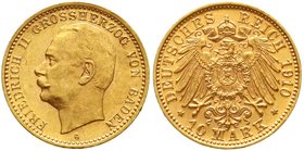 Reichsgoldmünzen
Baden
Friedrich II., 1907-1918
10 Mark 1910 G. vorzüglich/Stempelglanz