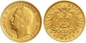Reichsgoldmünzen
Baden
Friedrich II., 1907-1918
10 Mark 1913 G. vorzüglich