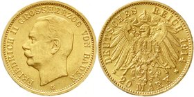 Reichsgoldmünzen
Baden
Friedrich II., 1907-1918
20 Mark 1914 G. vorzüglich/Stempelglanz