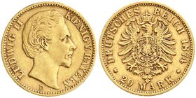 Reichsgoldmünzen
Bayern
Ludwig II., 1864-1886
20 Mark 1874 D. gutes sehr schön, kl. Randfehler