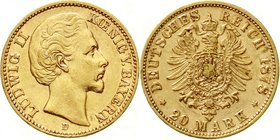 Reichsgoldmünzen
Bayern
Ludwig II., 1864-1886
20 Mark 1878 D. fast vorzüglich, kl. Randfehler, selten