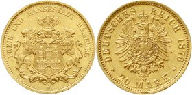 Reichsgoldmünzen
Hamburg
20 Mark 1876 J. prägefrisch/fast Stempelglanz, selten in dieser Erhaltung