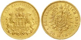 Reichsgoldmünzen
Hamburg
20 Mark 1877 J. prägefrisch, kl. Randfehler, selten in dieser Erhaltung