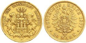 Reichsgoldmünzen
Hamburg
20 Mark 1877 J. sehr schön, starker Randfehler