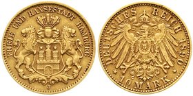 Reichsgoldmünzen
Hamburg
10 Mark 1890 J. sehr schön, kl. Randfehler