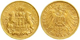 Reichsgoldmünzen
Hamburg
20 Mark 1913 J. vorzüglich/Stempelglanz