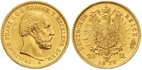 Reichsgoldmünzen
Mecklenburg/-Schwerin
Friedrich Franz II., 1842-1883
20 Mark 1872 A. vorzüglich/Stempelglanz, min. Randfehler, selten in dieser Er...
