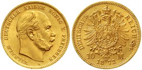 Reichsgoldmünzen
Preußen
Wilhelm I., 1861-1888
10 Mark 1872 A. fast Stempelglanz, Prachtexemplar