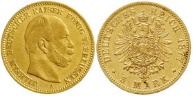 Reichsgoldmünzen
Preußen
Wilhelm I., 1861-1888
5 Mark 1877 A. sehr schön/vorzüglich, kl. Kratzer