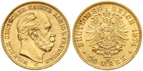 Reichsgoldmünzen
Preußen
Wilhelm I., 1861-1888
20 Mark 1874 C. 8 in der Jahreszahl oben offen.
vorzüglich/Stempelglanz, selten