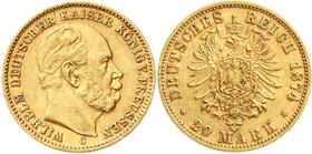 Reichsgoldmünzen
Preußen
Wilhelm I., 1861-1888
20 Mark 1874 C. 8 in der Jahreszahl oben offen.
fast vorzüglich, selten