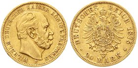 Reichsgoldmünzen
Preußen
Wilhelm I., 1861-1888
20 Mark 1875 B. Besseres Jahr.
fast vorzüglich, kl. Randfehler, selten