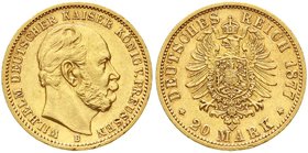 Reichsgoldmünzen
Preußen
Wilhelm I., 1861-1888
20 Mark 1877 B. Besseres Jahr.
gutes vorzüglich, winz. Randfehler
