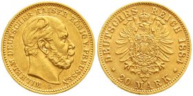 Reichsgoldmünzen
Preußen
Wilhelm I., 1861-1888
20 Mark 1884 A. vorzüglich, winz. Randfehler