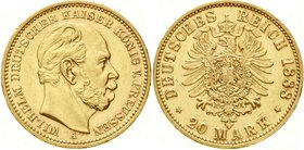 Reichsgoldmünzen
Preußen
Wilhelm I., 1861-1888
20 Mark 1888 A. 3 Kaiserjahr.
vorzüglich/Stempelglanz, winz. Randfehler