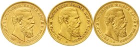 Reichsgoldmünzen
Preußen
Friedrich III., 1888
3 X 20 Mark 1888 A. sehr schön/vorzüglich