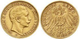 Reichsgoldmünzen
Preußen
Wilhelm II., 1888-1918
20 Mark 1905 J. Hamburg. vorzüglich