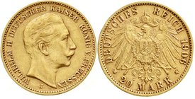 Reichsgoldmünzen
Preußen
Wilhelm II., 1888-1918
20 Mark 1906 J. Hamburg. sehr schön/vorzüglich, kl. Randfehler, selten