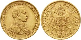 Reichsgoldmünzen
Preußen
Wilhelm II., 1888-1918
20 Mark 1913 A. Kaiser in Uniform.
vorzüglich/Stempelglanz
