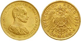 Reichsgoldmünzen
Preußen
Wilhelm II., 1888-1918
20 Mark 1914 A. Kaiser in Uniform.
gutes vorzüglich, kl. Randfehler