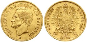 Reichsgoldmünzen
Sachsen
Johann, 1854-1873
20 Mark 1873 E. min. gebogen, sonst vorzüglich