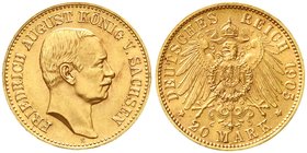 Reichsgoldmünzen
Sachsen
Friedrich August III., 1904-1918
20 Mark 1905 E. vorzüglich/Stempelglanz