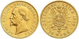 Reichsgoldmünzen
Sachsen/-Coburg-Gotha
Ernst II., 1844-1893
20 Mark 1886 A. sehr schön/vorzüglich, kl. Kratzer