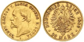 Reichsgoldmünzen
Sachsen/-Coburg-Gotha
Ernst II., 1844-1893
20 Mark 1886 A. sehr schön/vorzüglich, kl. Randfehler