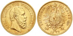 Reichsgoldmünzen
Württemberg
Karl, 1864-1891
20 Mark 1872 F. gutes vorzüglich, winz. Randfehler