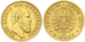 Reichsgoldmünzen
Württemberg
Karl, 1864-1891
5 Mark 1877 F. sehr schön, min. gebogen und kl. Henkelspur