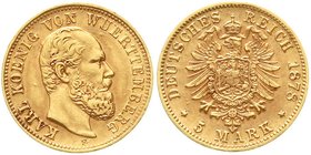Reichsgoldmünzen
Württemberg
Karl, 1864-1891
5 Mark 1878 F. fast vorzüglich, selten