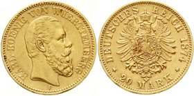 Reichsgoldmünzen
Württemberg
Karl, 1864-1891
20 Mark 1874 F. vorzüglich/Stempelglanz, selten in dieser Erhaltung